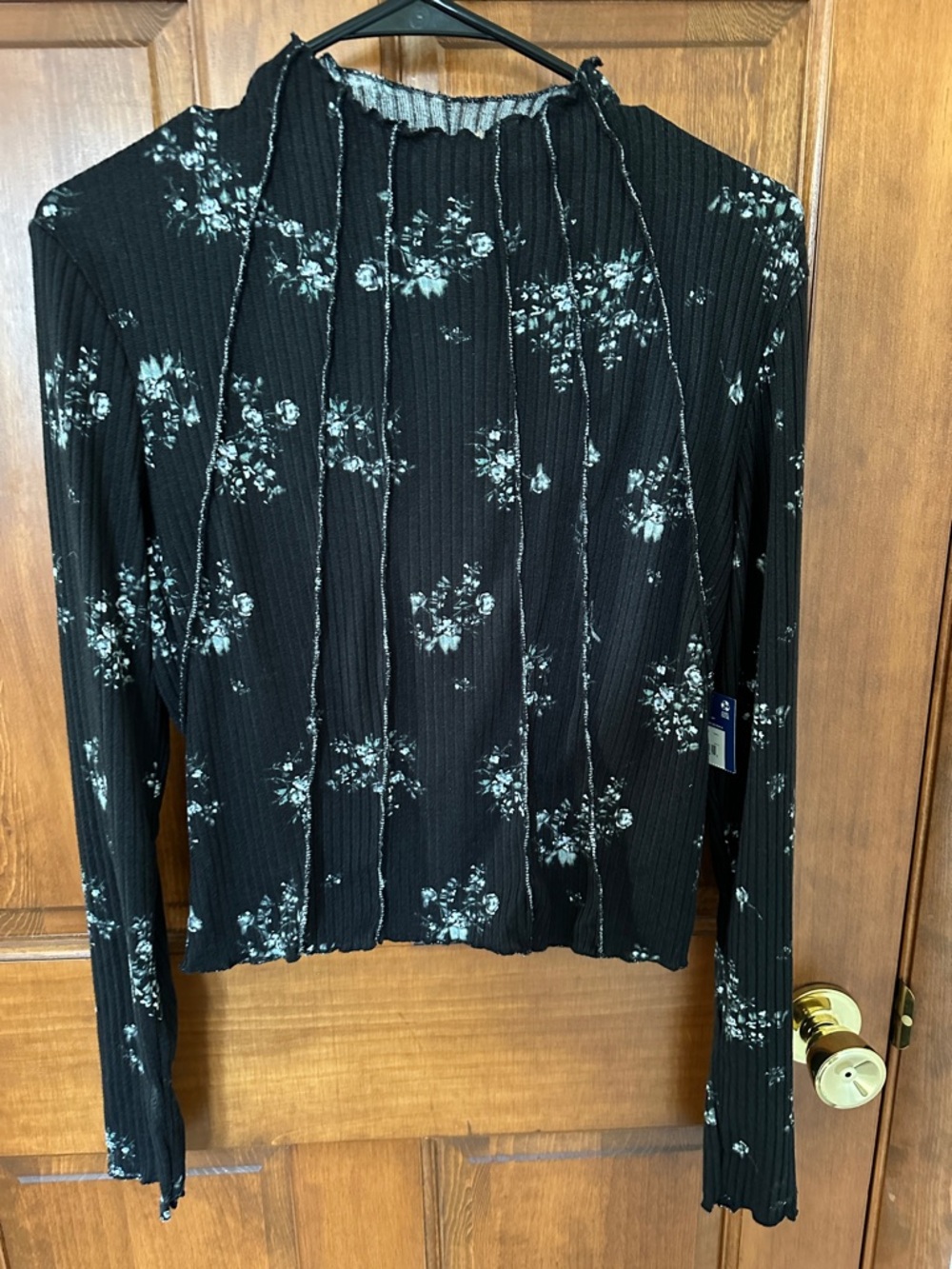 Kids Black Floral Ribbed Mock Neck Top